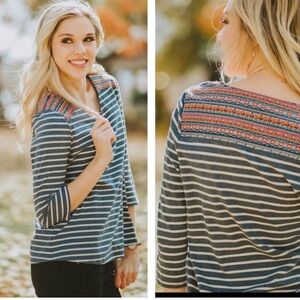 Striped Navy & Cream Women's Top with Embroidered Yoke
